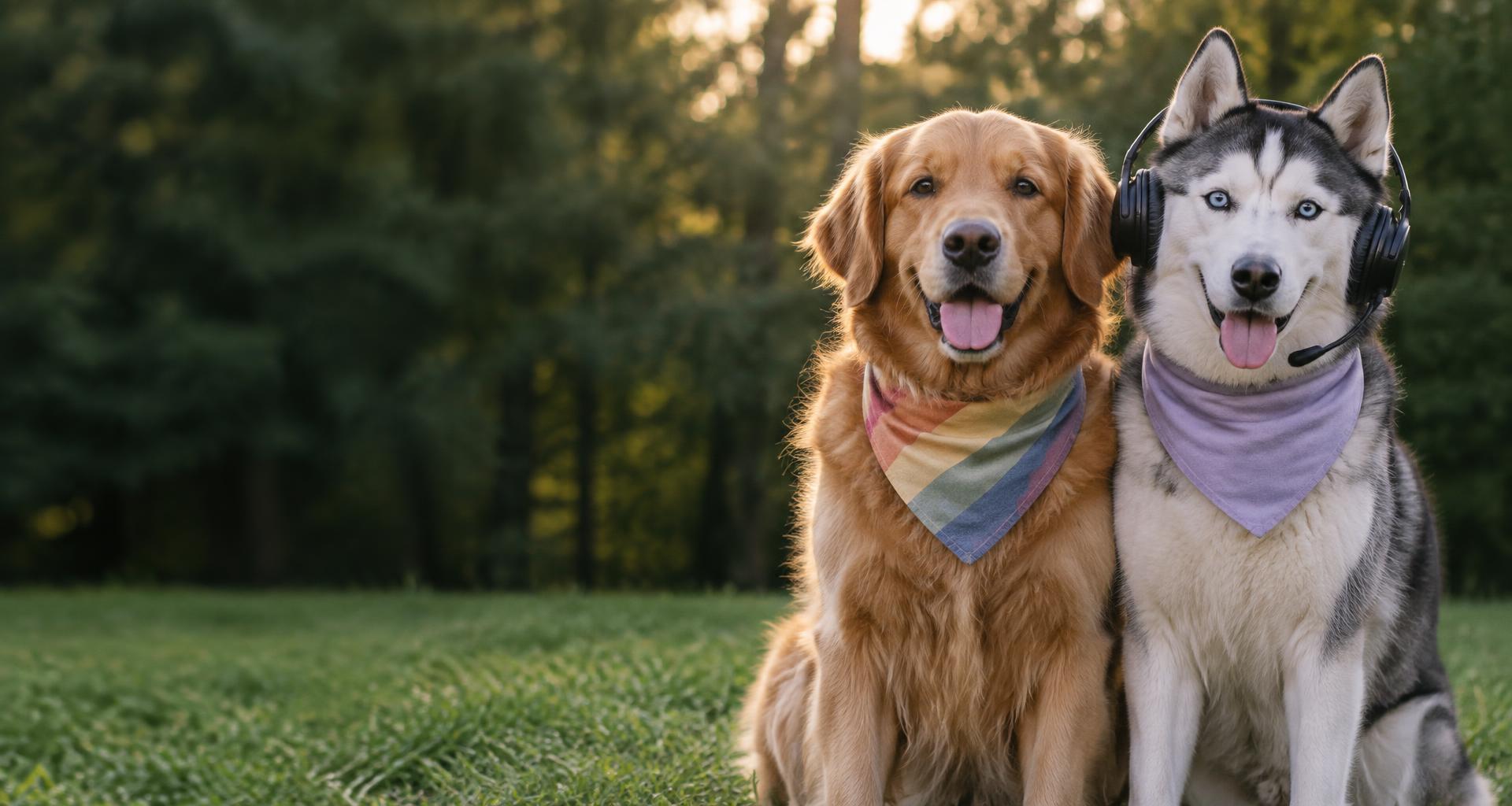 A golden retriever in a rainbow bandana sits beside a husky wearing a gaming headset