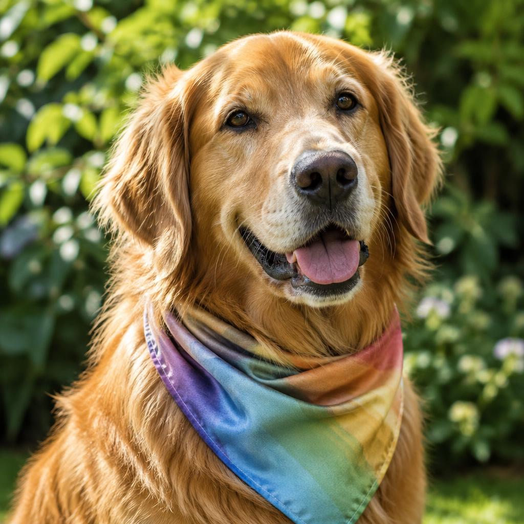 Golden retriever athlete in a rainbow bandana